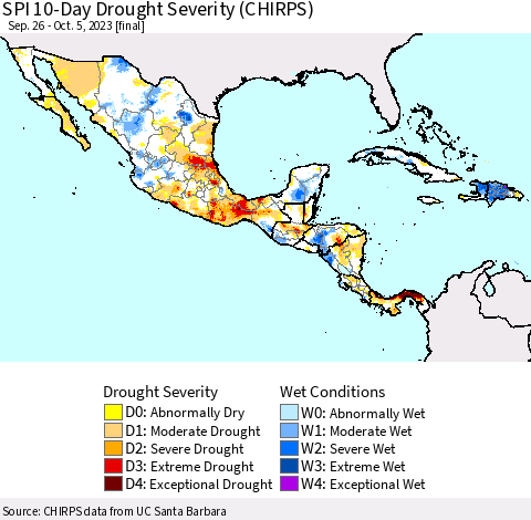Mexico Central America and the Caribbean SPI 10-Day Drought Severity (CHIRPS) Thematic Map For 9/26/2023 - 10/5/2023