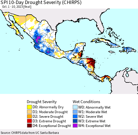 Mexico Central America and the Caribbean SPI 10-Day Drought Severity (CHIRPS) Thematic Map For 10/1/2023 - 10/10/2023