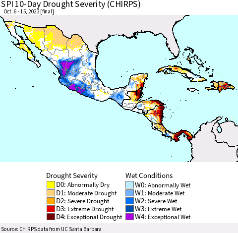 Mexico Central America and the Caribbean SPI 10-Day Drought Severity (CHIRPS) Thematic Map For 10/6/2023 - 10/15/2023