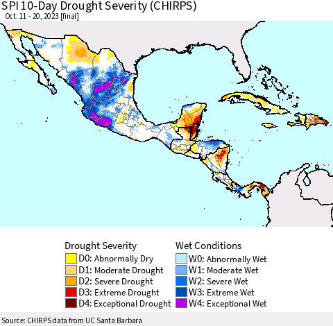 Mexico Central America and the Caribbean SPI 10-Day Drought Severity (CHIRPS) Thematic Map For 10/11/2023 - 10/20/2023