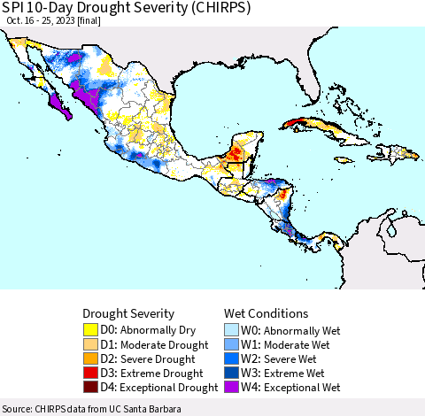Mexico Central America and the Caribbean SPI 10-Day Drought Severity (CHIRPS) Thematic Map For 10/16/2023 - 10/25/2023