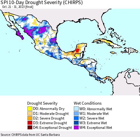 Mexico Central America and the Caribbean SPI 10-Day Drought Severity (CHIRPS) Thematic Map For 10/21/2023 - 10/31/2023