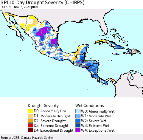 Mexico Central America and the Caribbean SPI 10-Day Drought Severity (CHIRPS) Thematic Map For 10/26/2023 - 11/5/2023