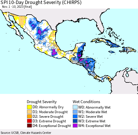 Mexico Central America and the Caribbean SPI 10-Day Drought Severity (CHIRPS) Thematic Map For 11/1/2023 - 11/10/2023