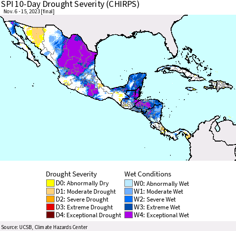 Mexico Central America and the Caribbean SPI 10-Day Drought Severity (CHIRPS) Thematic Map For 11/6/2023 - 11/15/2023