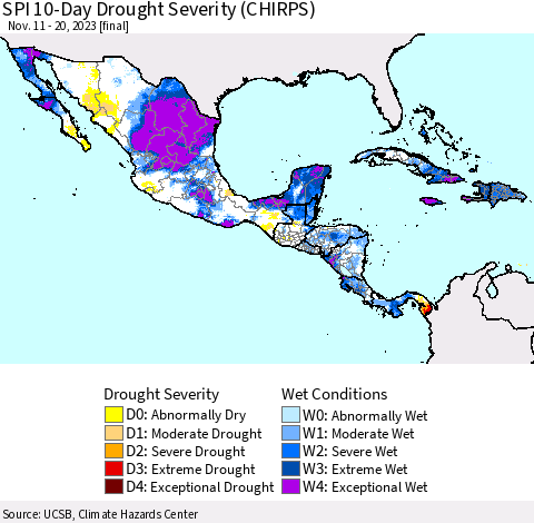 Mexico Central America and the Caribbean SPI 10-Day Drought Severity (CHIRPS) Thematic Map For 11/11/2023 - 11/20/2023