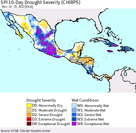 Mexico Central America and the Caribbean SPI 10-Day Drought Severity (CHIRPS) Thematic Map For 11/16/2023 - 11/25/2023