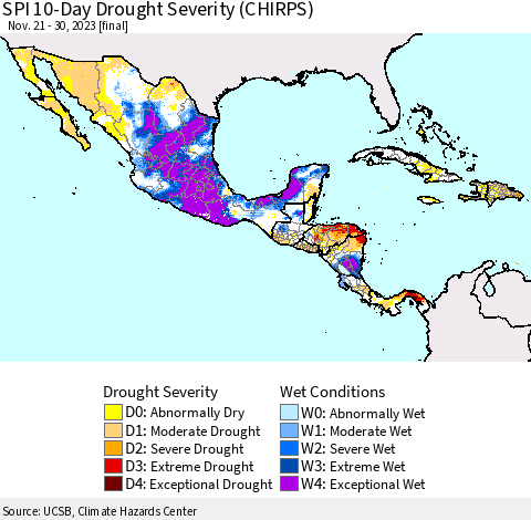 Mexico Central America and the Caribbean SPI 10-Day Drought Severity (CHIRPS) Thematic Map For 11/21/2023 - 11/30/2023