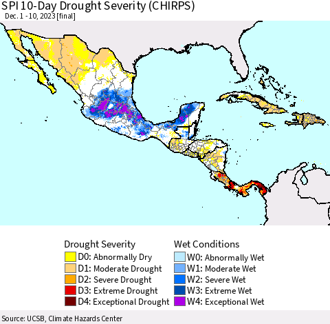 Mexico Central America and the Caribbean SPI 10-Day Drought Severity (CHIRPS) Thematic Map For 12/1/2023 - 12/10/2023
