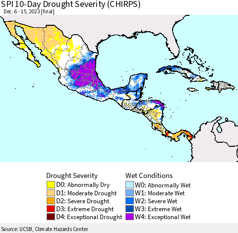 Mexico Central America and the Caribbean SPI 10-Day Drought Severity (CHIRPS) Thematic Map For 12/6/2023 - 12/15/2023