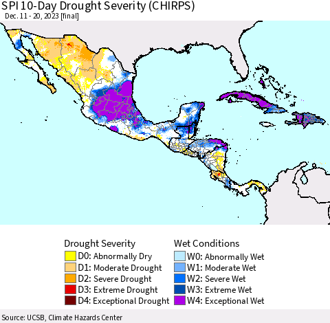 Mexico Central America and the Caribbean SPI 10-Day Drought Severity (CHIRPS) Thematic Map For 12/11/2023 - 12/20/2023