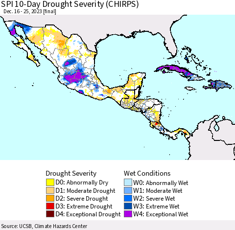Mexico Central America and the Caribbean SPI 10-Day Drought Severity (CHIRPS) Thematic Map For 12/16/2023 - 12/25/2023