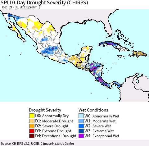 Mexico Central America and the Caribbean SPI 10-Day Drought Severity (CHIRPS) Thematic Map For 12/21/2023 - 12/31/2023