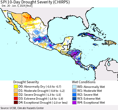Mexico Central America and the Caribbean SPI 10-Day Drought Severity (CHIRPS) Thematic Map For 12/26/2023 - 1/5/2024