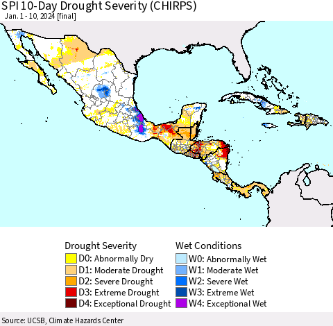 Mexico Central America and the Caribbean SPI 10-Day Drought Severity (CHIRPS) Thematic Map For 1/1/2024 - 1/10/2024