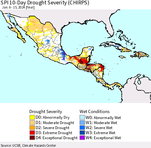 Mexico Central America and the Caribbean SPI 10-Day Drought Severity (CHIRPS) Thematic Map For 1/6/2024 - 1/15/2024