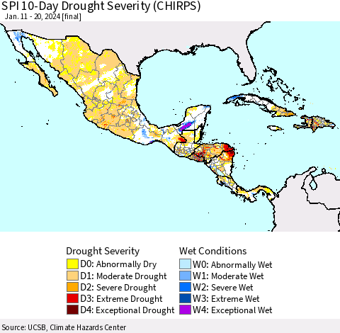 Mexico Central America and the Caribbean SPI 10-Day Drought Severity (CHIRPS) Thematic Map For 1/11/2024 - 1/20/2024