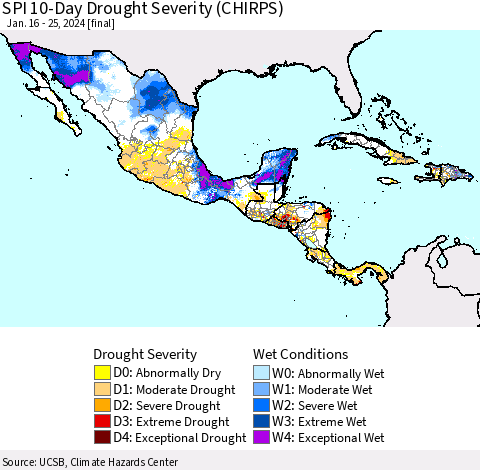Mexico Central America and the Caribbean SPI 10-Day Drought Severity (CHIRPS) Thematic Map For 1/16/2024 - 1/25/2024