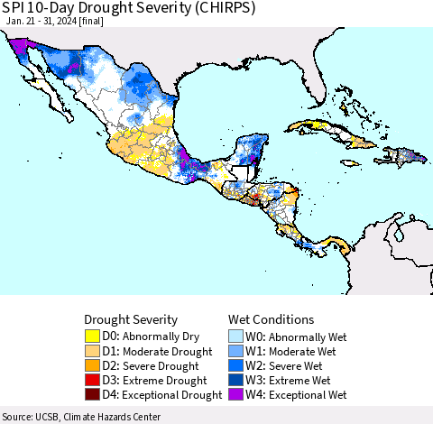 Mexico Central America and the Caribbean SPI 10-Day Drought Severity (CHIRPS) Thematic Map For 1/21/2024 - 1/31/2024