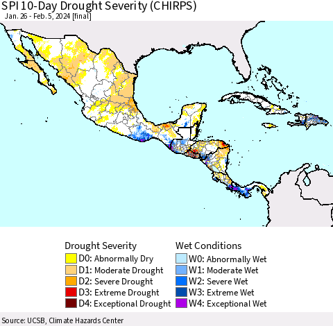 Mexico Central America and the Caribbean SPI 10-Day Drought Severity (CHIRPS) Thematic Map For 1/26/2024 - 2/5/2024