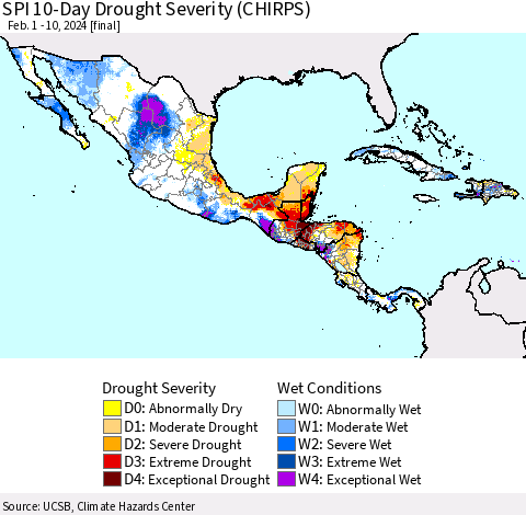 Mexico Central America and the Caribbean SPI 10-Day Drought Severity (CHIRPS) Thematic Map For 2/1/2024 - 2/10/2024