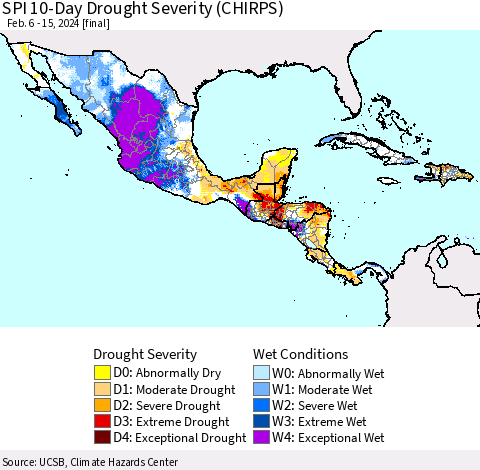 Mexico Central America and the Caribbean SPI 10-Day Drought Severity (CHIRPS) Thematic Map For 2/6/2024 - 2/15/2024