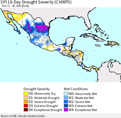 Mexico Central America and the Caribbean SPI 10-Day Drought Severity (CHIRPS) Thematic Map For 2/11/2024 - 2/20/2024