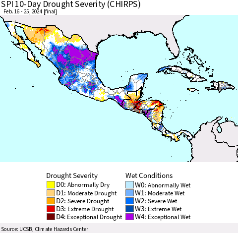 Mexico Central America and the Caribbean SPI 10-Day Drought Severity (CHIRPS) Thematic Map For 2/16/2024 - 2/25/2024