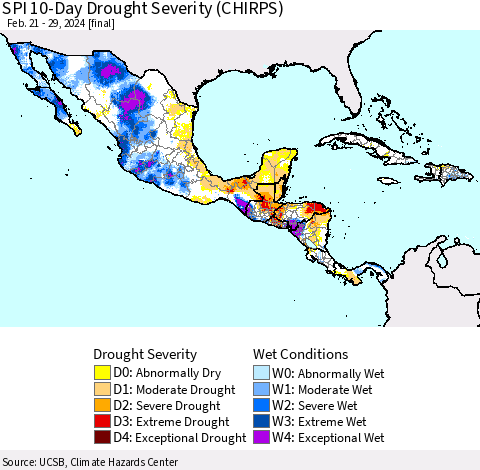 Mexico Central America and the Caribbean SPI 10-Day Drought Severity (CHIRPS) Thematic Map For 2/21/2024 - 2/29/2024