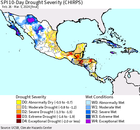 Mexico Central America and the Caribbean SPI 10-Day Drought Severity (CHIRPS) Thematic Map For 2/26/2024 - 3/5/2024