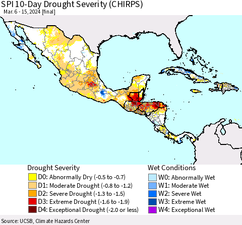Mexico Central America and the Caribbean SPI 10-Day Drought Severity (CHIRPS) Thematic Map For 3/6/2024 - 3/15/2024