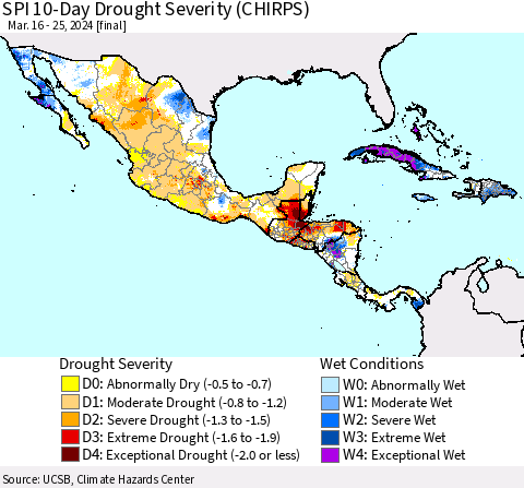 Mexico Central America and the Caribbean SPI 10-Day Drought Severity (CHIRPS) Thematic Map For 3/16/2024 - 3/25/2024