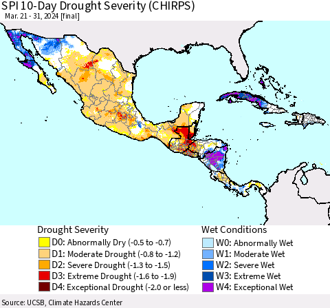 Mexico Central America and the Caribbean SPI 10-Day Drought Severity (CHIRPS) Thematic Map For 3/21/2024 - 3/31/2024