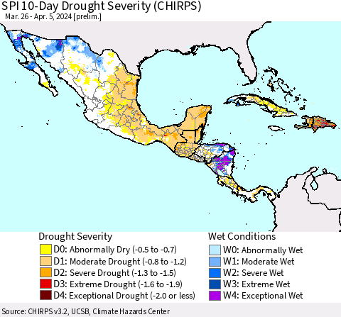 Mexico Central America and the Caribbean SPI 10-Day Drought Severity (CHIRPS) Thematic Map For 3/26/2024 - 4/5/2024