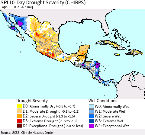 Mexico Central America and the Caribbean SPI 10-Day Drought Severity (CHIRPS) Thematic Map For 4/1/2024 - 4/10/2024