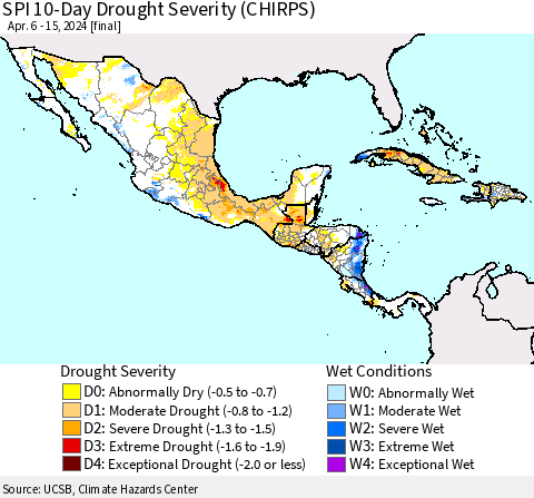 Mexico Central America and the Caribbean SPI 10-Day Drought Severity (CHIRPS) Thematic Map For 4/6/2024 - 4/15/2024