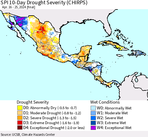 Mexico Central America and the Caribbean SPI 10-Day Drought Severity (CHIRPS) Thematic Map For 4/16/2024 - 4/25/2024