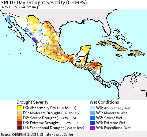 Mexico Central America and the Caribbean SPI 10-Day Drought Severity (CHIRPS) Thematic Map For 5/6/2024 - 5/15/2024