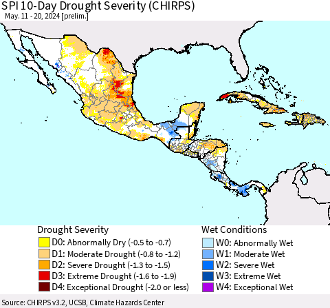 Mexico Central America and the Caribbean SPI 10-Day Drought Severity (CHIRPS) Thematic Map For 5/11/2024 - 5/20/2024