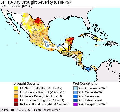 Mexico Central America and the Caribbean SPI 10-Day Drought Severity (CHIRPS) Thematic Map For 5/16/2024 - 5/25/2024