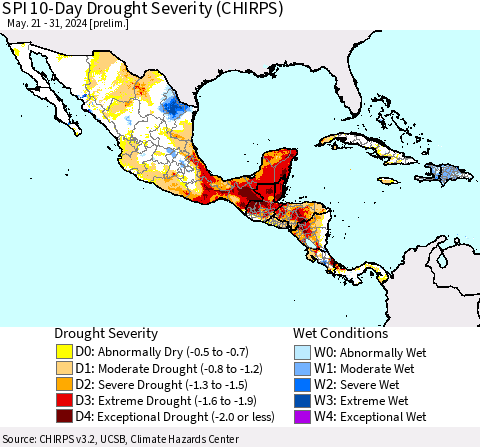Mexico Central America and the Caribbean SPI 10-Day Drought Severity (CHIRPS) Thematic Map For 5/21/2024 - 5/31/2024