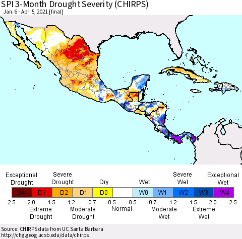 Mexico Central America and the Caribbean SPI 3-Month Drought Severity (CHIRPS) Thematic Map For 1/6/2021 - 4/5/2021