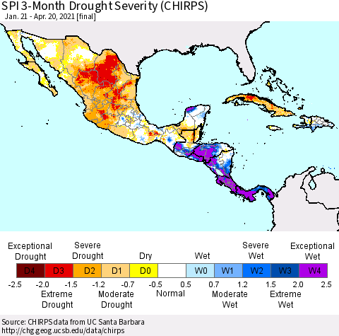 Mexico Central America and the Caribbean SPI 3-Month Drought Severity (CHIRPS) Thematic Map For 1/21/2021 - 4/20/2021