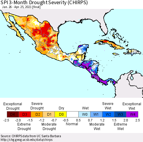 Mexico Central America and the Caribbean SPI 3-Month Drought Severity (CHIRPS) Thematic Map For 1/26/2021 - 4/25/2021