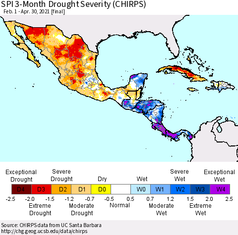 Mexico Central America and the Caribbean SPI 3-Month Drought Severity (CHIRPS) Thematic Map For 2/1/2021 - 4/30/2021