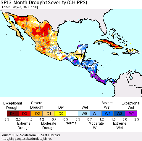 Mexico Central America and the Caribbean SPI 3-Month Drought Severity (CHIRPS) Thematic Map For 2/6/2021 - 5/5/2021