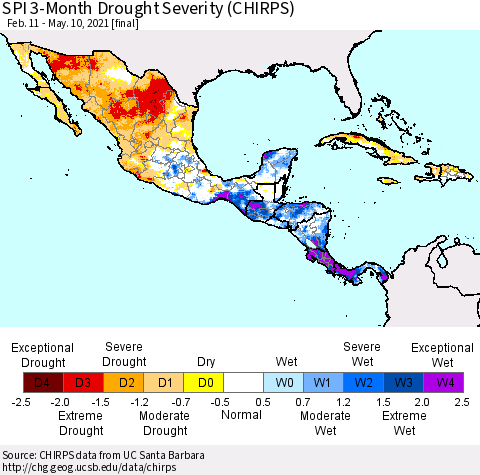 Mexico Central America and the Caribbean SPI 3-Month Drought Severity (CHIRPS) Thematic Map For 2/11/2021 - 5/10/2021