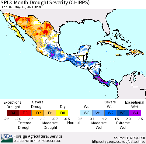 Mexico Central America and the Caribbean SPI 3-Month Drought Severity (CHIRPS) Thematic Map For 2/16/2021 - 5/15/2021
