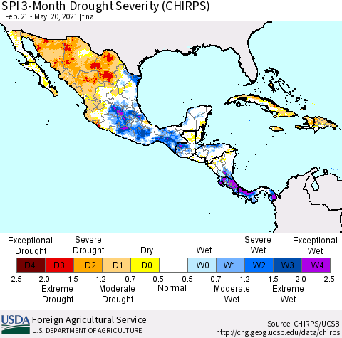 Mexico Central America and the Caribbean SPI 3-Month Drought Severity (CHIRPS) Thematic Map For 2/21/2021 - 5/20/2021