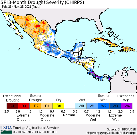 Mexico Central America and the Caribbean SPI 3-Month Drought Severity (CHIRPS) Thematic Map For 2/26/2021 - 5/25/2021